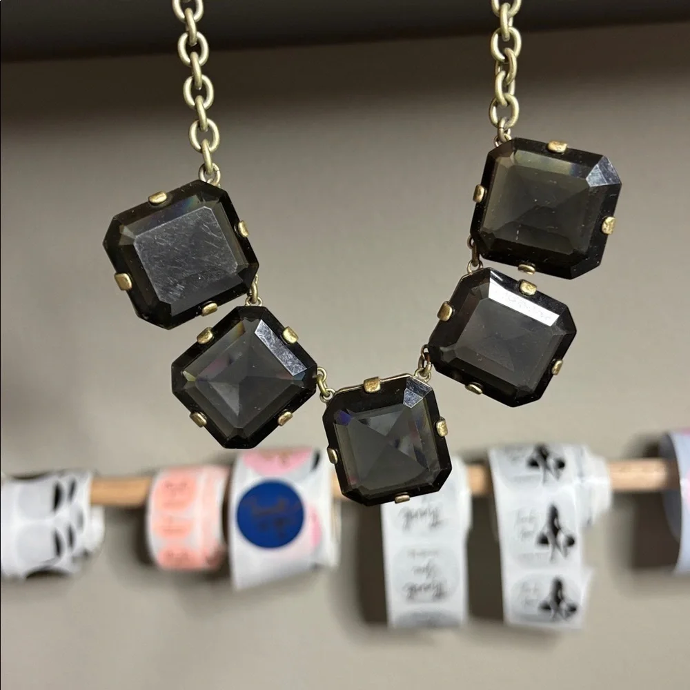 J. Crew Necklace Square Smoky Faceted Crystal Gems Bronze Tone Statement